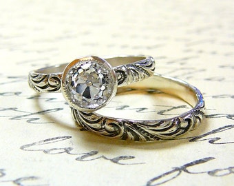 Ophelia Ring Duo - Vintage Engagement Sterling Silver Ring Duo with Milgrain bezel set with OEC White CZ