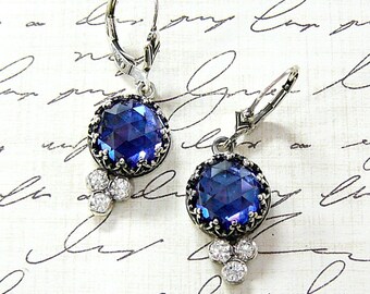 Trixie Earrings - Vintage Inspired Beautiful Gothic Sterling Silver Earrings with Rose cut Blue Sapphire, Heart Bezel and CZ