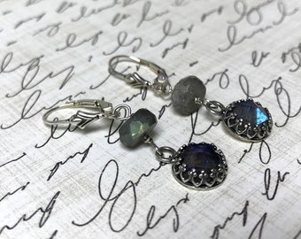 Sterling silver dangle gemstone earrings - Rose cut Labradorite set in tiara crown bezel with faceted rondelle bead