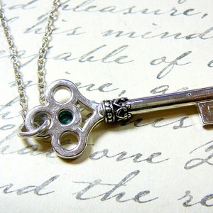 Sterling Silver Skeleton Key Pendant with Birthstone Gemstone Accent of your choice with Chain image 2