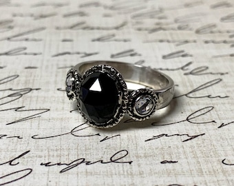 Elizaveta Ring - Beautiful Gothic Vintage Inspired Sterling Silver Ring with Round Rose cut premium CZ and Oval Rose cut Onyx