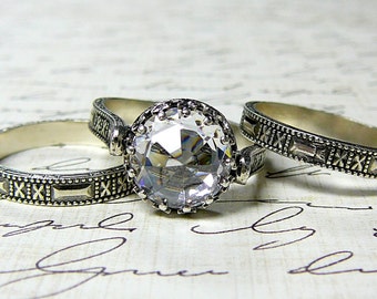 Sabine Trio Rings - Sterling silver Vintage Inspired rings with premium CZ Engagement Rings