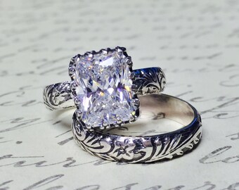 Vivianna Duo - Vintage Inspired Beautiful Sterling Silver Ring Floral Ring with Tiara Bezel and Radiant Emerald cut CZ