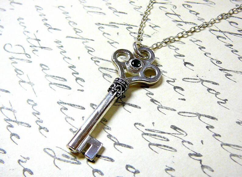 Sterling Silver Skeleton Key Pendant with Birthstone Gemstone Accent of your choice with Chain image 4