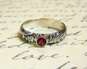Willow Ring - Vintage Sterling Silver Floral Stack Band with Ruby gemstone July Birthstone