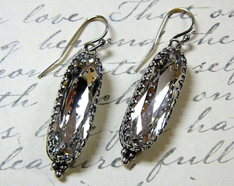 Vintage Sterling Silver Tiara Crown like bezel  Crystal Long Oval Earrings - Wedding