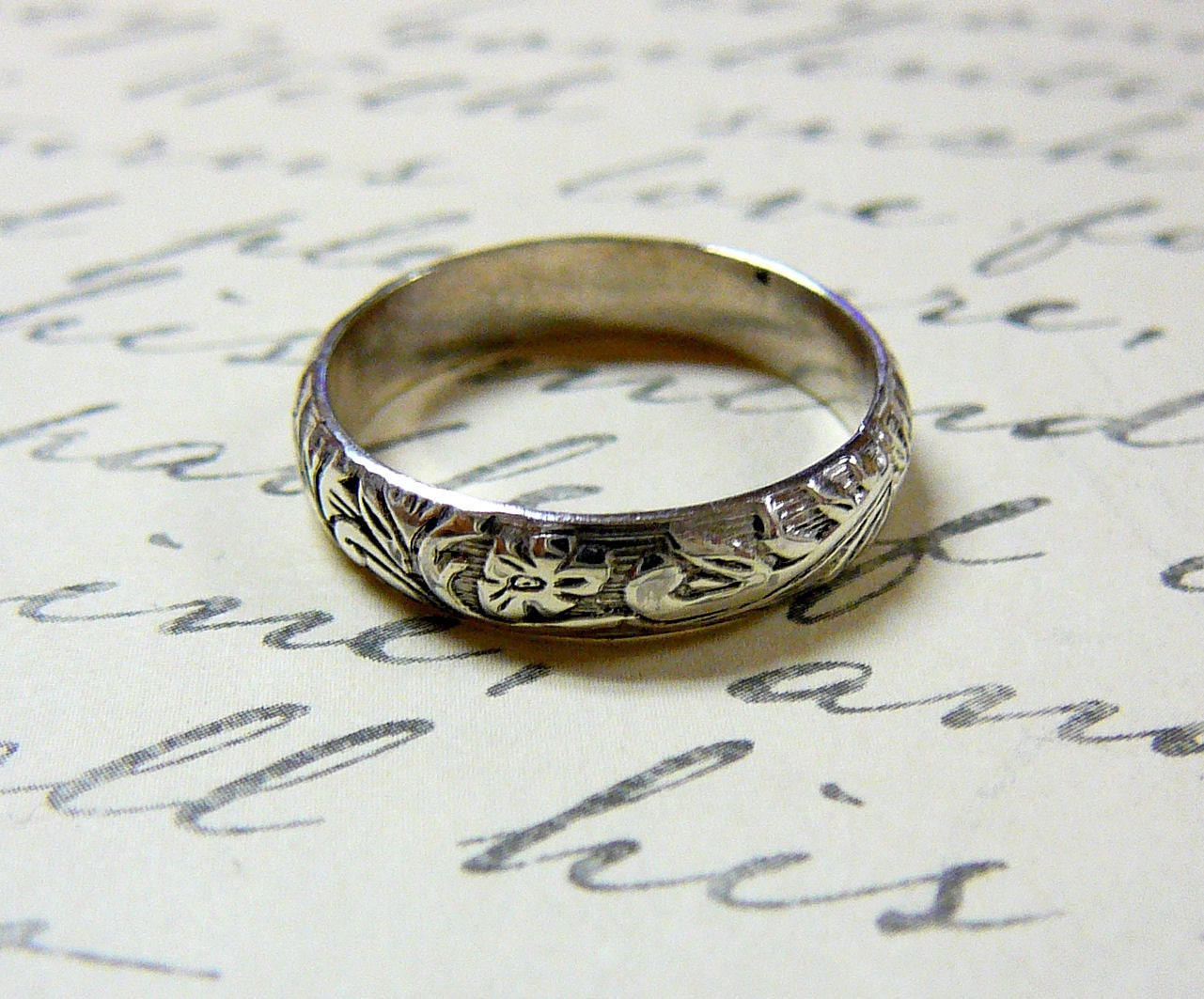 Vintage Engagement Sterling Silver Floral Swoop Pattern Wedding Band
