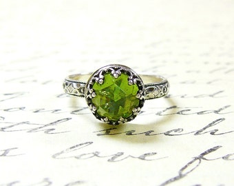 Roxy Ring - Beautiful Gothic Vintage Sterling Silver Ring with Rose cut Green Peridot and Heart Bezel - August