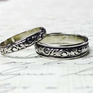 Vintage Style Sterling Silver Pattern Wedding Bands - Matching pair "Leaf Scroll"