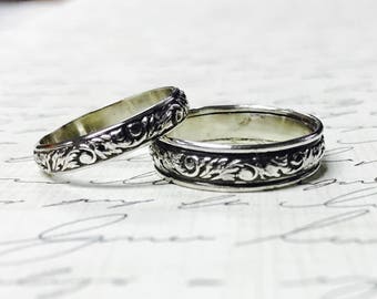 Vintage Style Sterling Silver Pattern Wedding Bands - Matching pair "Leaf Scroll"