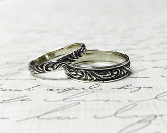 Vintage Style Sterling Silver Pattern Wedding Bands - Matching pair "Renaissance Scroll"