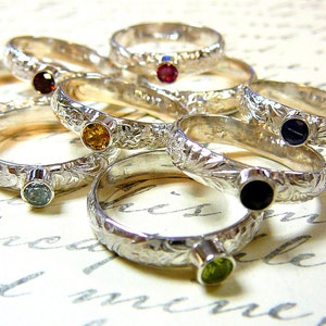 Willow Ring Vintage Sterling Silver Floral Stack Band with CZ Diamond April Birthstone image 4