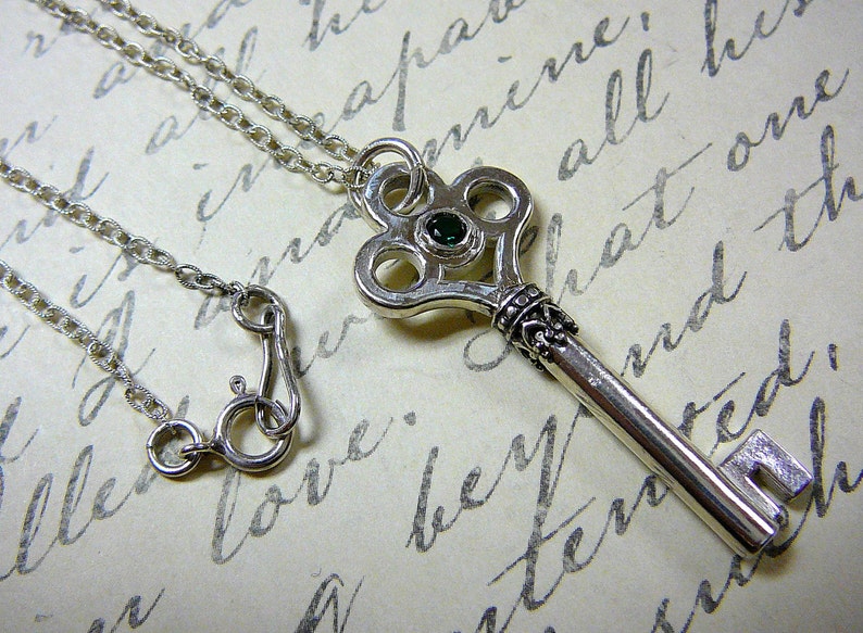 Sterling Silver Skeleton Key Pendant with Birthstone Gemstone Accent of your choice with Chain image 3