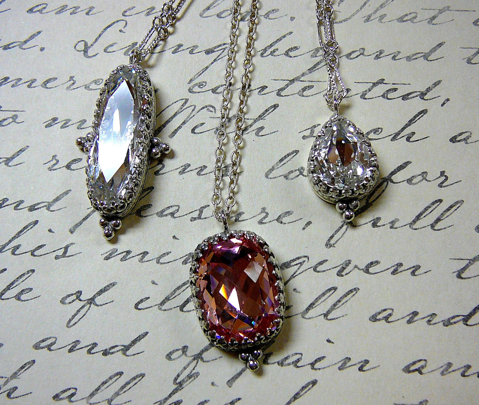 Antique Sterling Silver Necklace With Long Oval Crystal 4161 Etsy