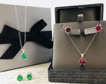 Nina Gift Set - Sterling silver Solitaire Earrings and Pendant with CZ, Blue Sapphire, Red Ruby or Green Emerald