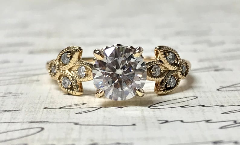Jasmina Engagement Ring , 14k Yellow Gold with Diamond and your choice of CZ, Sapphire or Moissanite, Vintage Inspired engagement ring