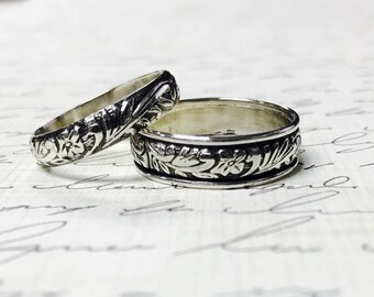 Vintage Style Sterling Silver Floral Wedding Bands - Matching pair "Floral Swoop"