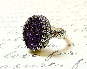 Cassandra Ring - Gothic Sterling Silver Ring with Large Oval Titanium Purple Drusy Quartz Druzy