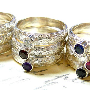 Willow Ring Vintage Sterling Silver Floral Stack Band with CZ Diamond April Birthstone image 3