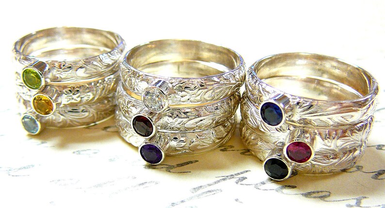 Willow Ring Vintage Sterling Silver Floral Stack Band with CZ Diamond April Birthstone image 3