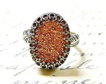 Cassandra Ring - Gothic Sterling Silver Ring with Large Oval Titanium Rose Gold Drusy Quartz Druzy