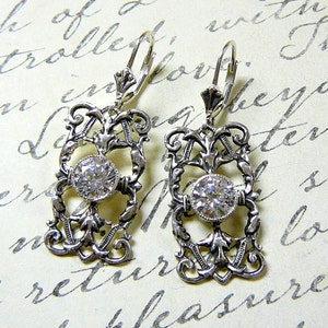 Sterling silver Filigree Earrings with Milgrain Bezel and CZ image 3