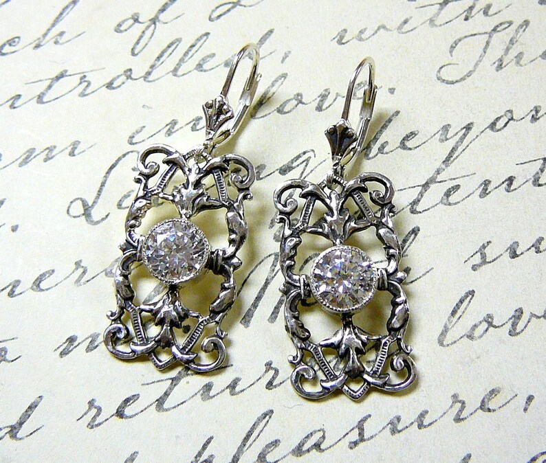 Sterling silver Filigree Earrings with Milgrain Bezel and CZ image 3