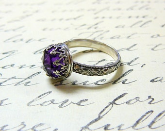 Roxy Ring - Beautiful Gothic Vintage Sterling Silver Ring with Rose cut Purple Amethyst and Heart Bezel