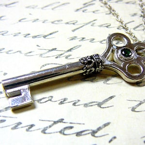 Sterling Silver Skeleton Key Pendant with Birthstone Gemstone Accent of your choice with Chain image 1