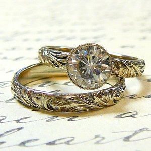 14k White Gold Vintage Antique Renaissance Scroll Wedding set with 1 carat Moissanite Diamond