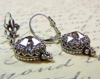 Vintage Inspired Sterling Silver CZ Lever Back Earrings with Fleur De Lis and Tiara Bezel
