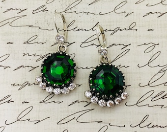 Miliana Earrings - Sterling silver Vintage Inspired Earrings set with Moss Green Crystal 4678 and CZ