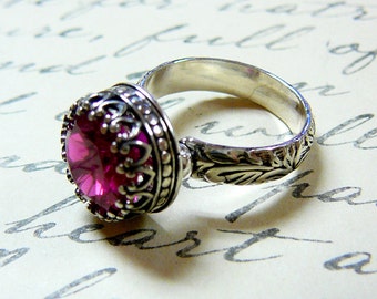 Elizabeth Ring - Vintage Inspired Engagement Ring in Sterling Silver set with Ruby in Tiara Crown bezel - Wedding