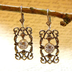 Sterling silver Filigree Earrings with Milgrain Bezel and CZ image 1