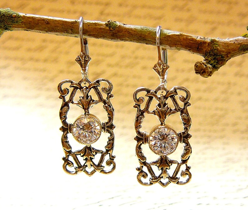 Sterling silver Filigree Earrings with Milgrain Bezel and CZ image 1