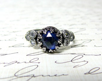 Trixie Ring - Beautiful Gothic Vintage Sterling Silver Floral Band Ring with Rose cut Blue Sapphire, Heart Bezel and CZ