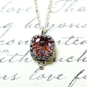 Antique Sterling Silver Necklace with Cushion cut "Antique Pink" Crystal Tiara Crown like Bezel