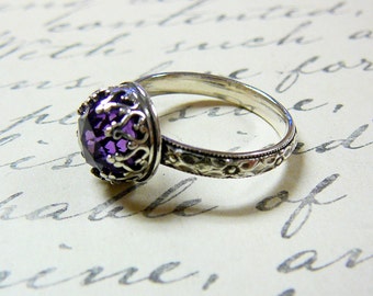 Roxy Ring - Beautiful Gothic Vintage Sterling Silver Floral Band Ring with Rose cut Purple Amethyst and Heart Bezel