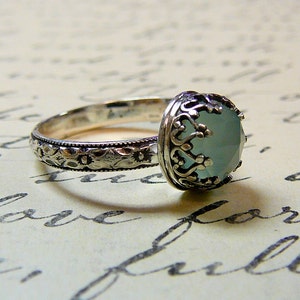 Roxy Ring - Beautiful Gothic Vintage Sterling Silver Floral Band Ring with Rose cut Aqua Chalcedony and Heart Bezel