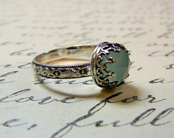 Roxy Ring - Beautiful Gothic Vintage Sterling Silver Floral Band Ring with Rose cut Aqua Chalcedony and Heart Bezel