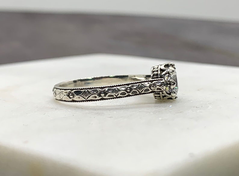 Georgiana Ring Vintage Engagement Sterling Silver CZ Floral Band Ring with Tiara Crown like bezel Wedding image 4