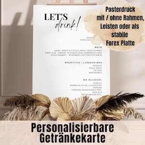 Minimalistyczne menu drinków | Plakat, rama drewniana, plakat z paskami lub tablicą forex | Idealna na wesele, chrzciny, urodziny