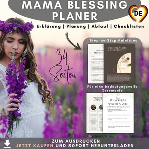 Könnte beinhalten: Ein digitaler Planer mit dem Titel "Mama Blessing Planner" mit deutschem Text. Das Bild zeigt eine Frau in einem weißen Kleid, die lila Blumen hält, mit Beispielseiten und dem Text "34 Seiten". Der Planer enthält Schritt-für-Schritt-Anleitungen.