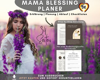 Könnte beinhalten: Ein digitaler Planer mit dem Titel "Mama Blessing Planner" mit deutschem Text. Das Bild zeigt eine Frau in einem weißen Kleid, die lila Blumen hält, mit Beispielseiten und dem Text "34 Seiten". Der Planer enthält Schritt-für-Schritt-Anleitungen.