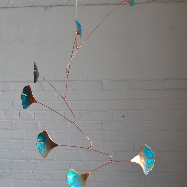 Copper Gingko Mobile - Handmade Mobile Art - W Ginkgo Leaves - Green Patina