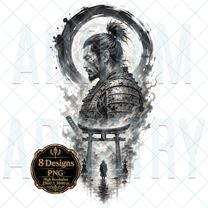 May include: A digital illustration featuring a profile view of a samurai with a topknot, wearing textured armour, set against a circular ink wash background. Below, a small figure stands before a torii gate. A black badge displays 8 Designs PNG.