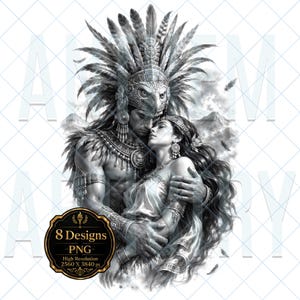 Op de afbeelding: Een zwart-witte digitale illustratie met een figuur die een uitgebreide adelaarsveren hoofdtooi en versierde sieraden draagt, terwijl deze een ander figuur met lang golvend haar omhelst. Een cirkelvormig embleem toont 8 Designs PNG.
