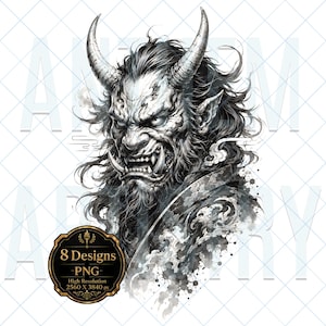 May include: A black and white digital illustration of a horned demon with sharp teeth, wild hair, and a beard. The character features intense facial expressions and detailed shading. A circular badge in the corner displays the text 8 Designs PNG.