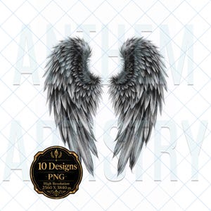 Può includere: Un paio di ali d'angelo dettagliate e simmetriche rese in tonalità carbone, grigio e bianco. Le piume sono stratificate con texture e ombreggiature realistiche. Un emblema circolare nero con bordo dorato mostra il testo 10 Designs PNG.
