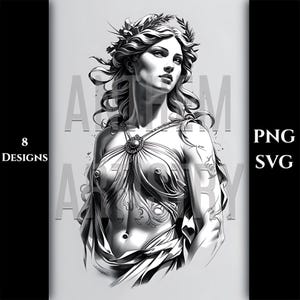Afrodita / 8 diseños / Alta resolución 4K / Tatuajes / Lienzo / Impresiones / Plantillas SVG en blanco y negro (Descarga digital)